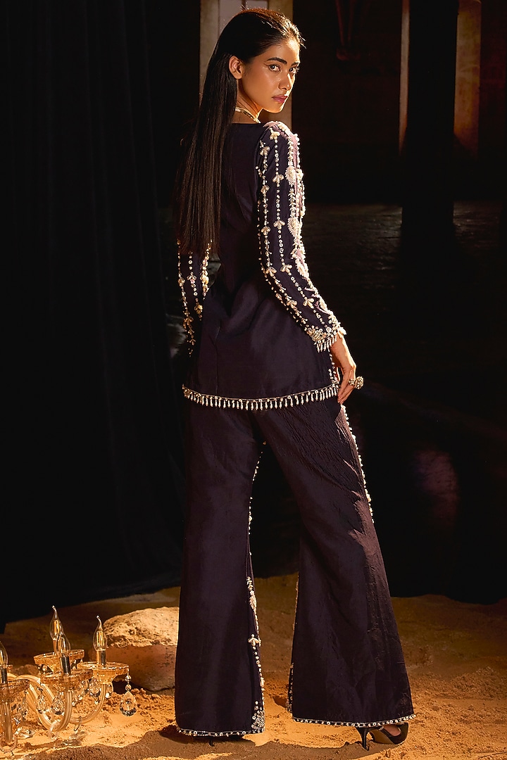 Midnight Blue Dupion Silk Sequins Embroidered Flared Pant Set by Mani Bhatia at Pernia's Pop Up Shop