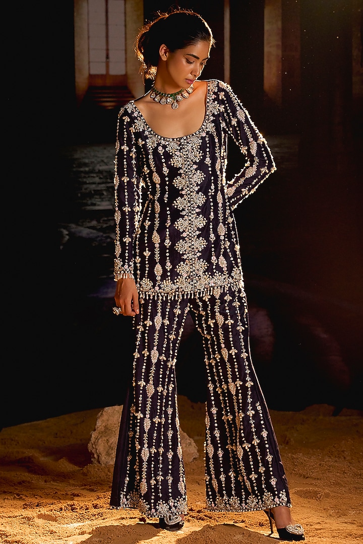 Midnight Blue Dupion Silk Sequins Embroidered Flared Pant Set by Mani Bhatia at Pernia's Pop Up Shop