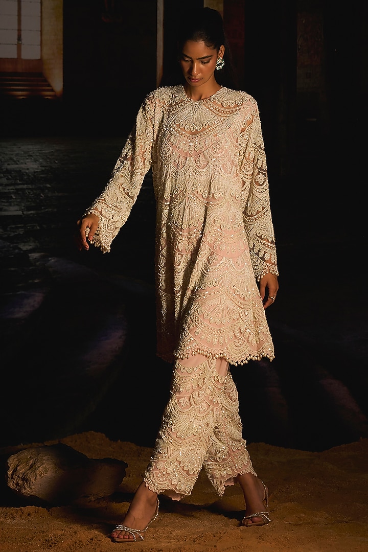 Pink Crepe Cutdana Embroidered Kurta Set by Mani Bhatia at Pernia's Pop Up Shop