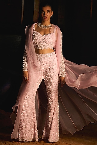 Powder Pink Chiffon Pearl Embroidered Sharara Set by Mani Bhatia