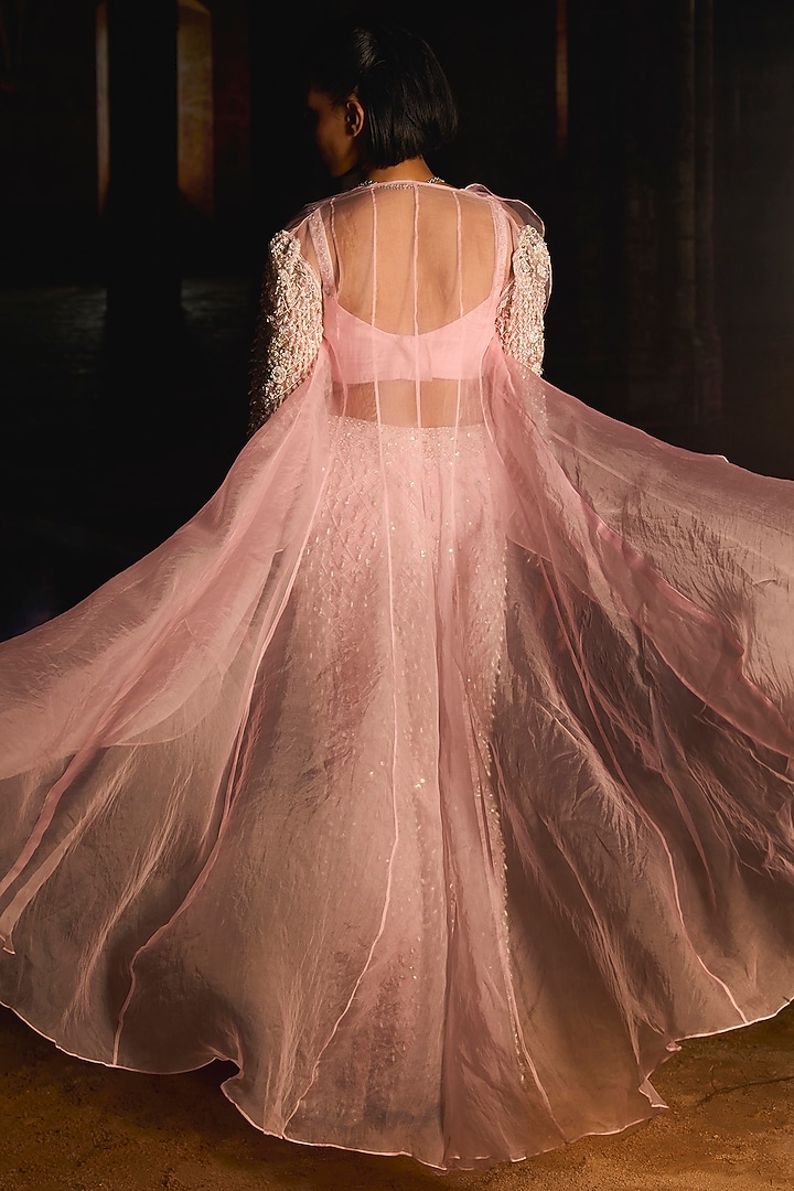 Powder Pink Chiffon Pearl Embroidered Bridal Sharara Set by Mani Bhatia at Pernia's Pop Up Shop
