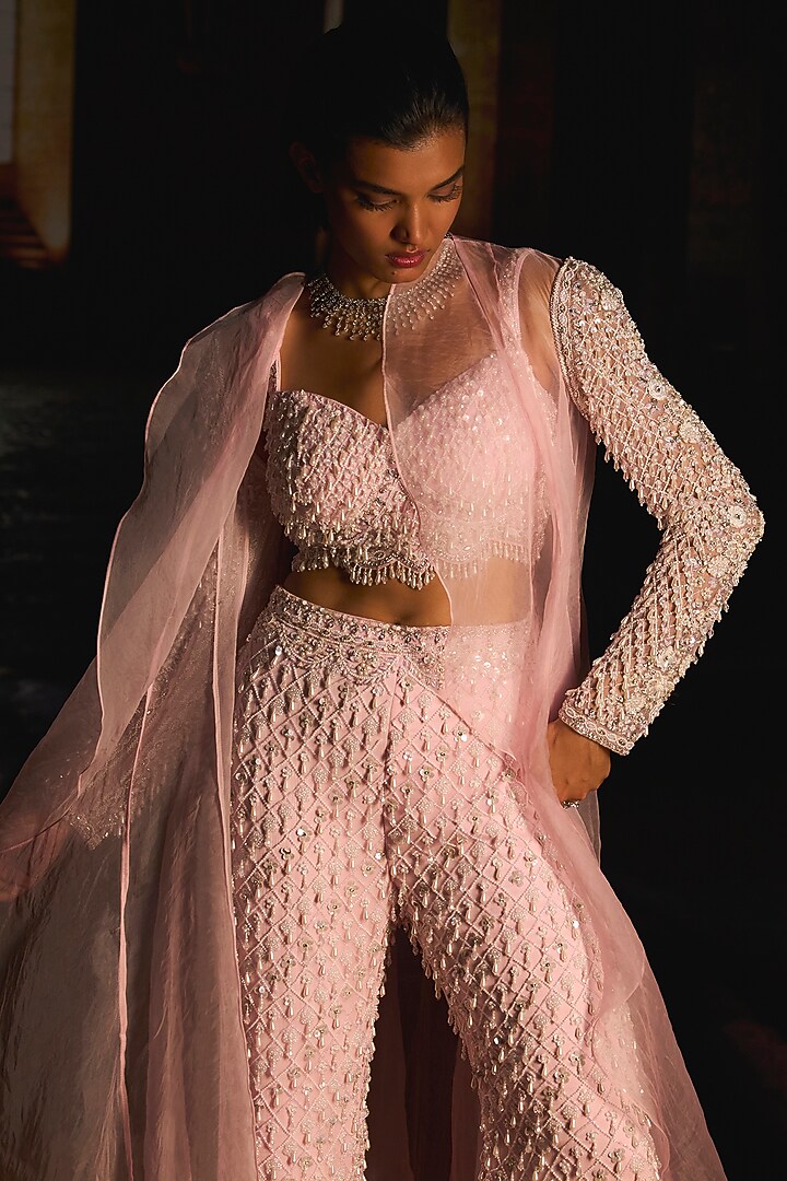 Powder Pink Chiffon Pearl Embroidered Bridal Sharara Set by Mani Bhatia at Pernia's Pop Up Shop