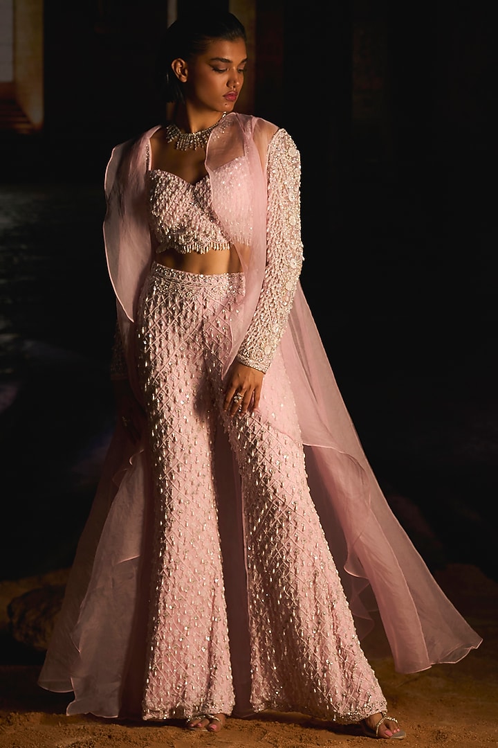 Powder Pink Chiffon Pearl Embroidered Bridal Sharara Set by Mani Bhatia at Pernia's Pop Up Shop
