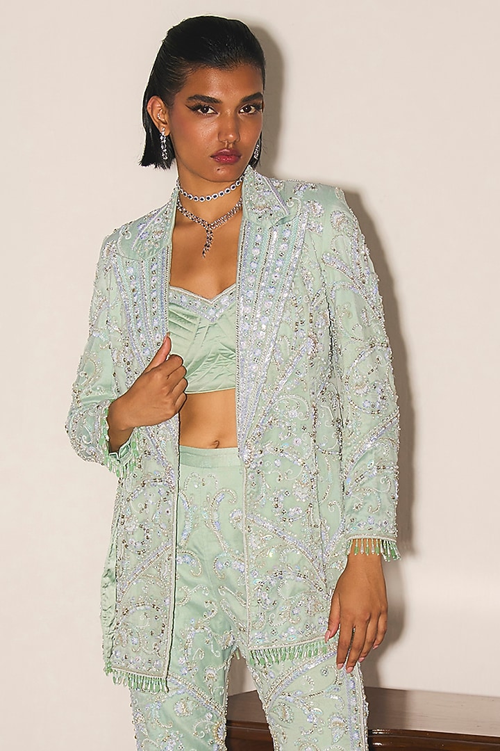 Mint Green Crepe Pearl Embroidered Bridal Sharara Set by Mani Bhatia at Pernia's Pop Up Shop