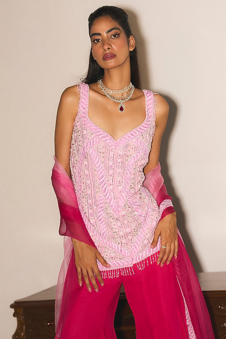 Fuchsia Pink Crepe Pearl Embroidered Bridal Sharara Set by Mani Bhatia at Pernia's Pop Up Shop