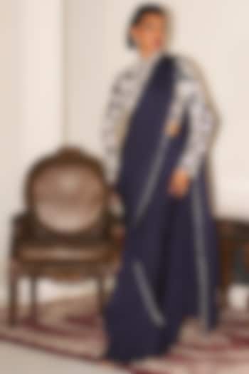 Navy Blue Crepe & Satin Georgette Draped Wedding Saree Set by Mani Bhatia at Pernia's Pop Up Shop
