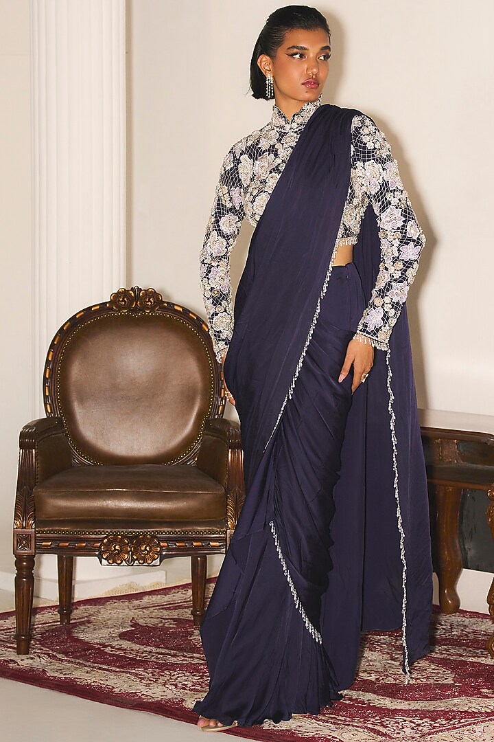 Navy Blue Crepe & Satin Georgette Draped Wedding Saree Set by Mani Bhatia at Pernia's Pop Up Shop