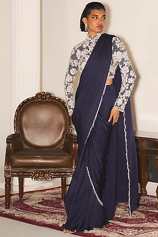 Navy Blue Crepe & Satin Georgette Draped Saree Set by Mani Bhatia