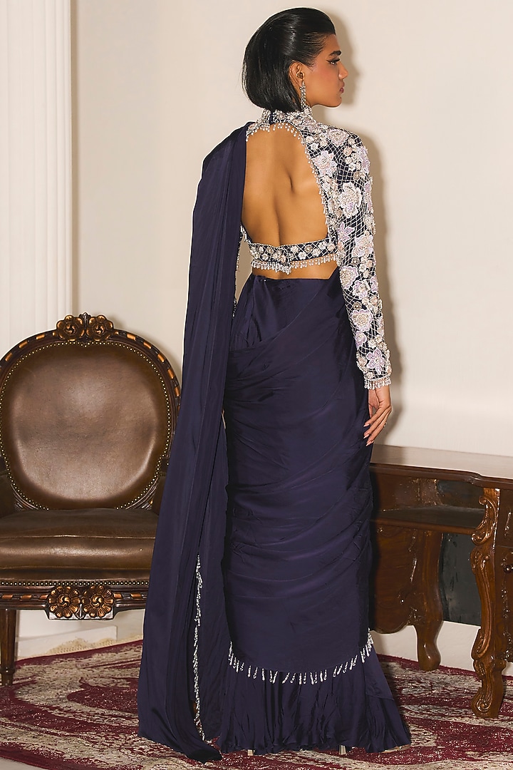 Navy Blue Crepe & Satin Georgette Draped Wedding Saree Set by Mani Bhatia at Pernia's Pop Up Shop