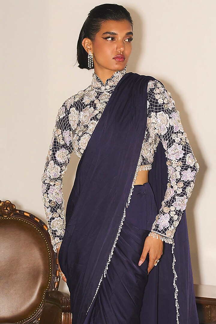 Navy Blue Crepe & Satin Georgette Draped Wedding Saree Set by Mani Bhatia at Pernia's Pop Up Shop