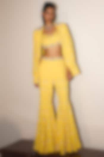Yellow Modal Crepe Sequins Embroidered Wedding Sharara Set by Mani Bhatia at Pernia's Pop Up Shop