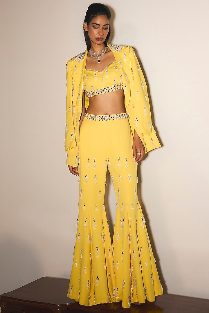 Yellow Modal Crepe Sequins Embroidered Wedding Sharara Set by Mani Bhatia at Pernia's Pop Up Shop
