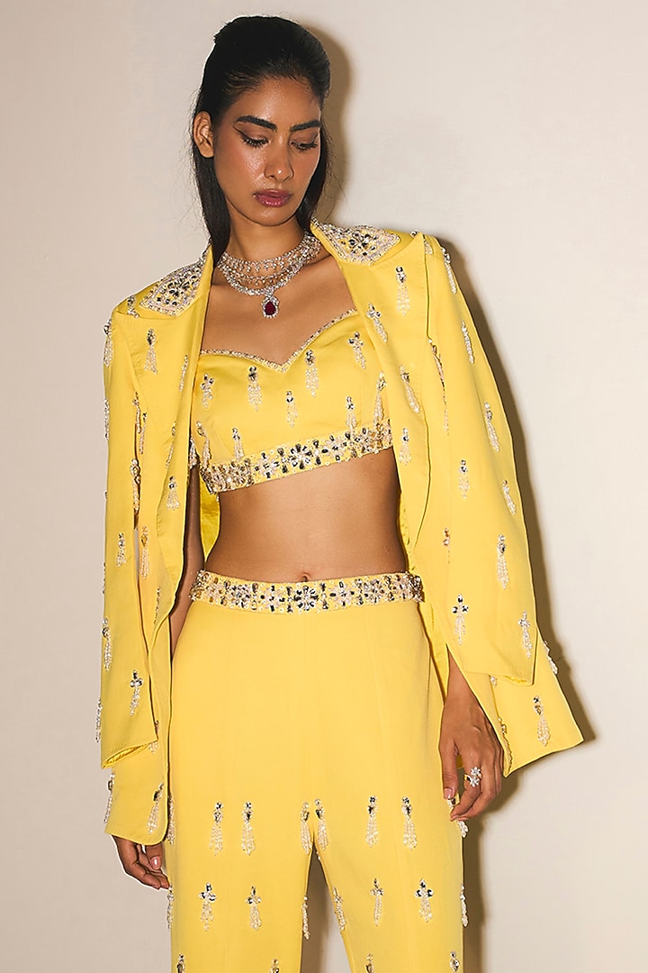 Yellow Modal Crepe Sequins Embroidered Wedding Sharara Set by Mani Bhatia at Pernia's Pop Up Shop