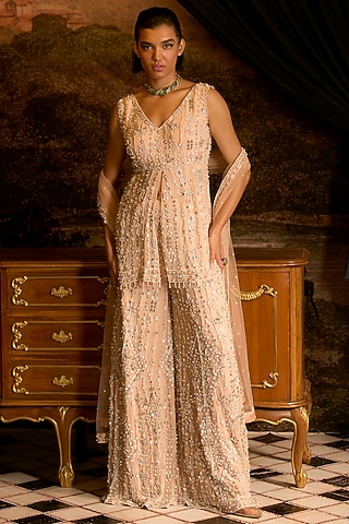 Peach Chiffon Embroidered Sharara Set by Mani Bhatia