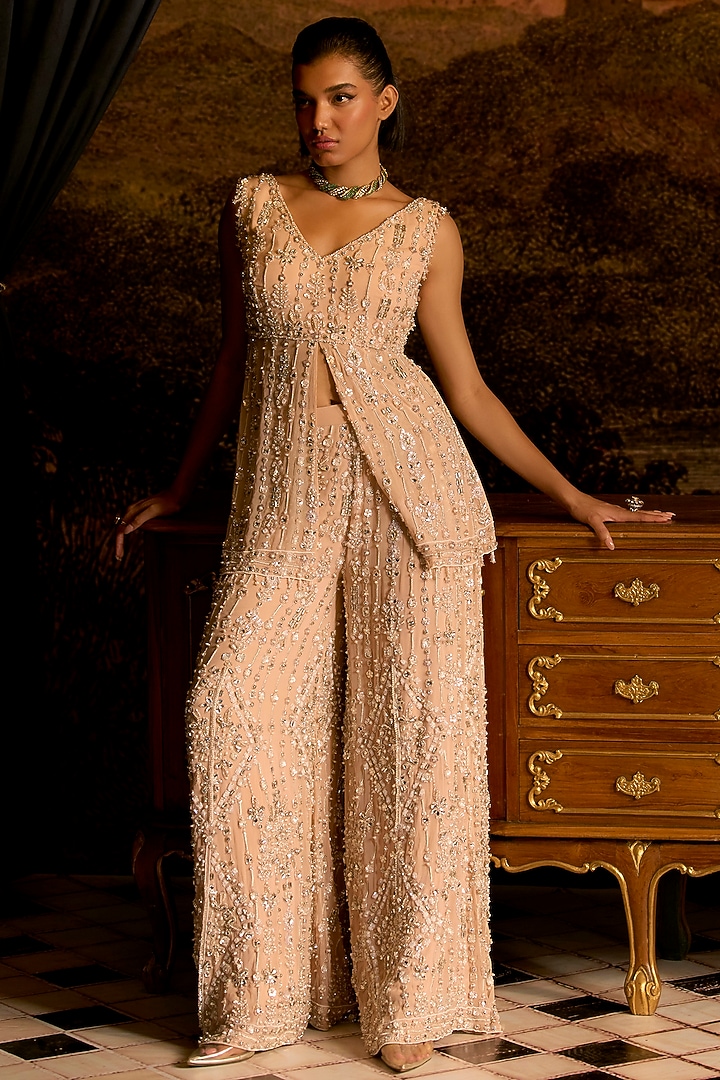 Peach Chiffon Embroidered Bridal Sharara Set by Mani Bhatia at Pernia's Pop Up Shop