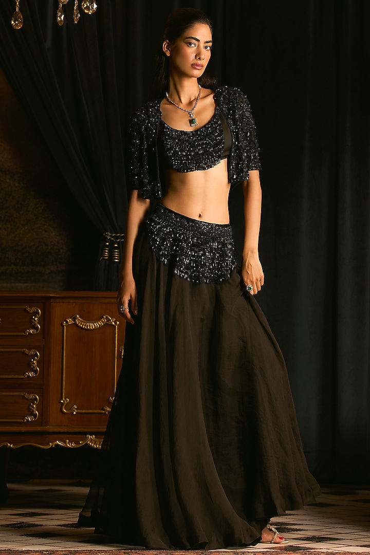 Black Organza Pearl Embroidered Skirt Set by Mani Bhatia at Pernia's Pop Up Shop