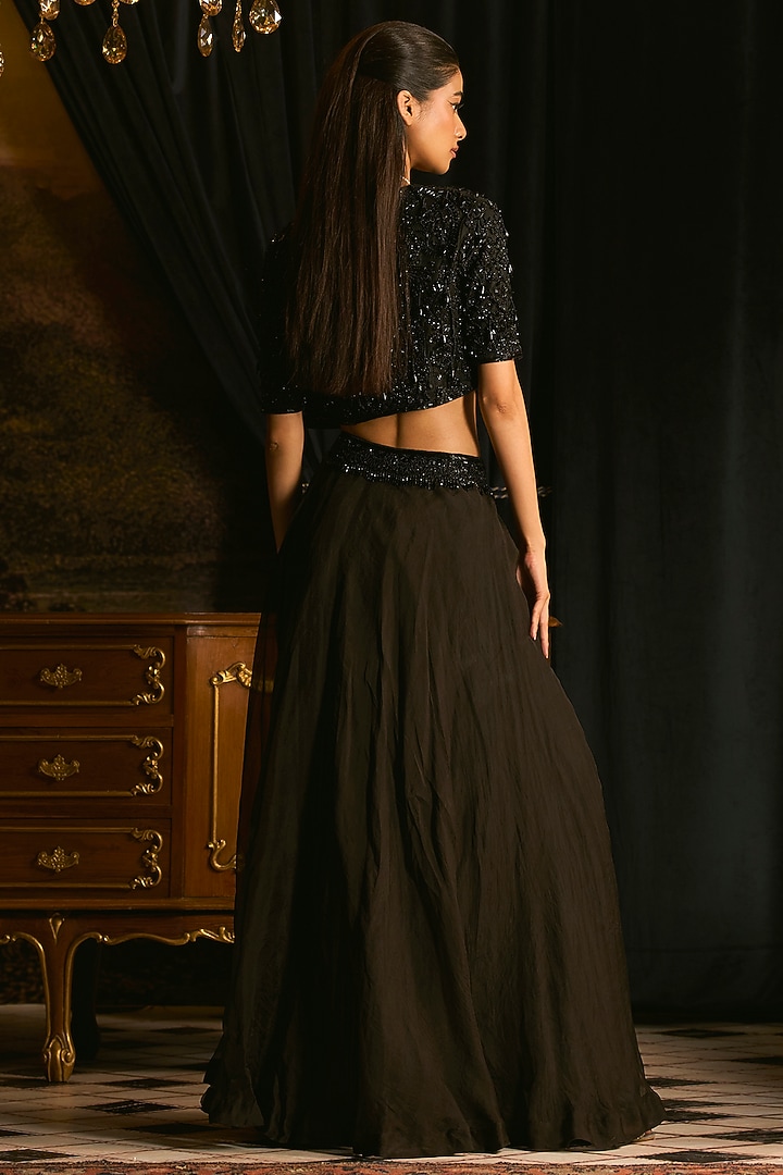 Black Organza Pearl Embroidered Skirt Set by Mani Bhatia at Pernia's Pop Up Shop