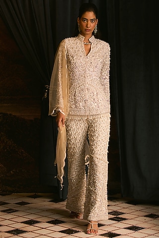 White Net & Satin Pearl Embroidered Sharara Set by Mani Bhatia
