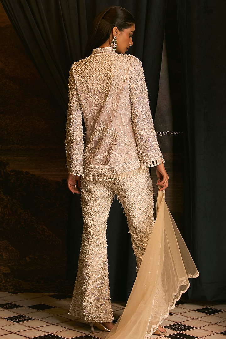 White Net & Satin Pearl Embroidered Bridal Sharara Set by Mani Bhatia at Pernia's Pop Up Shop