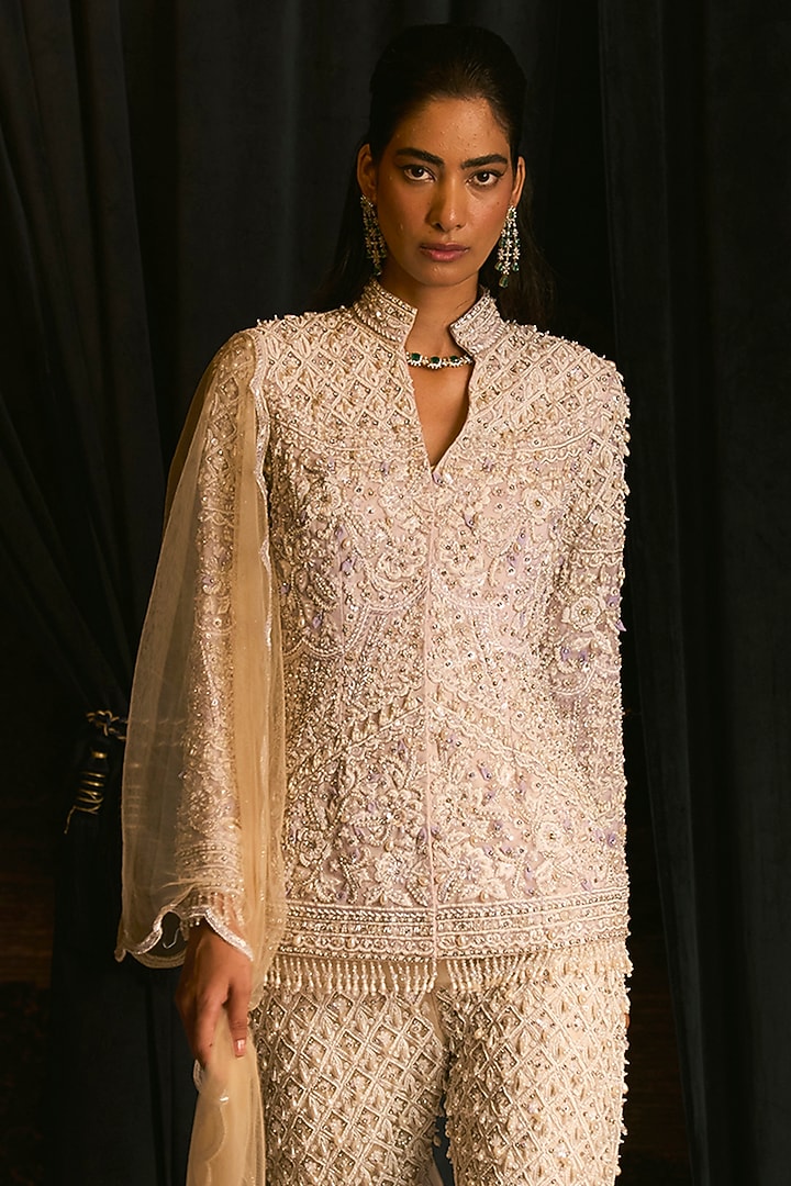 White Net & Satin Pearl Embroidered Bridal Sharara Set by Mani Bhatia at Pernia's Pop Up Shop