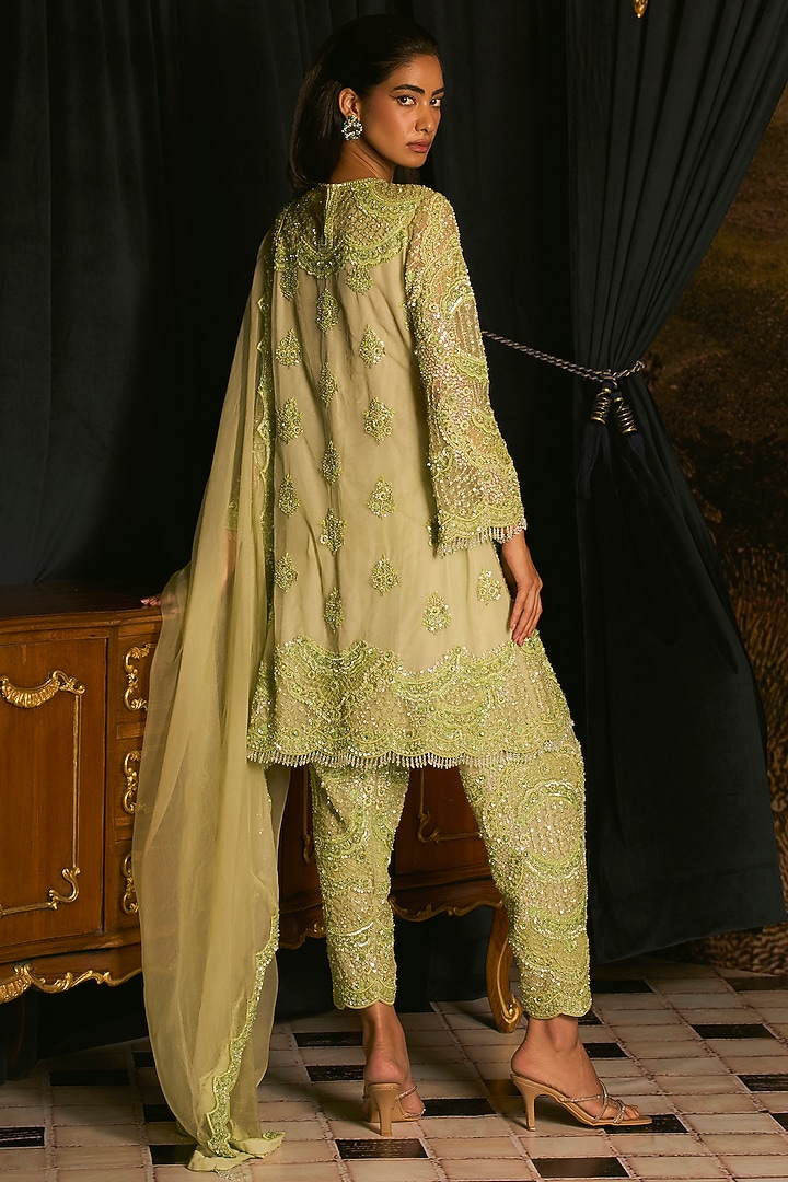 Pastel Green Crepe Cutdana Embroidered Kurta Set by Mani Bhatia at Pernia's Pop Up Shop