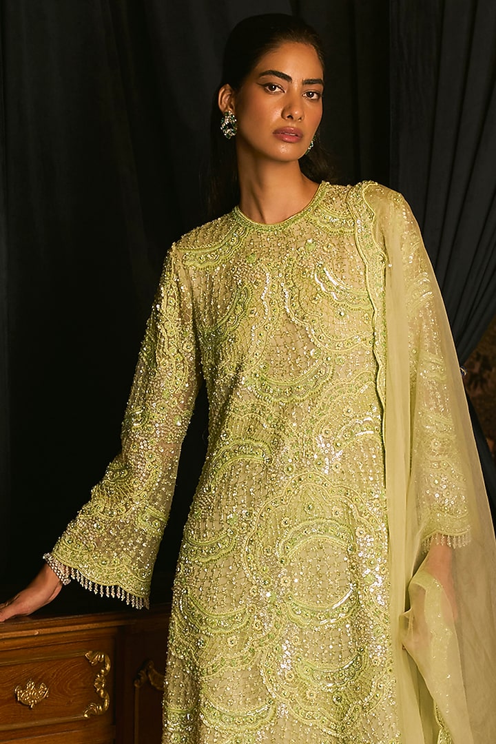 Pastel Green Crepe Cutdana Embroidered Kurta Set by Mani Bhatia at Pernia's Pop Up Shop