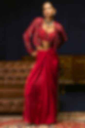 Crimson Red Pure Satin Sequins Embroidered Draped Skirt Set by Mani Bhatia at Pernia's Pop Up Shop