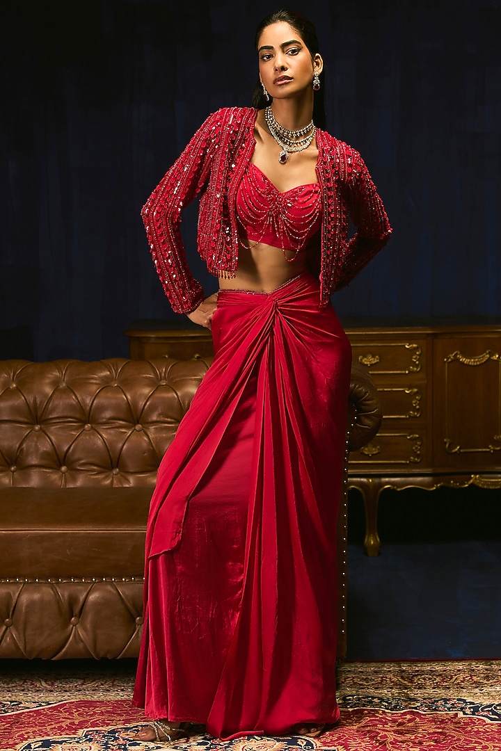 Crimson Red Pure Satin Sequins Embroidered Draped Skirt Set by Mani Bhatia at Pernia's Pop Up Shop