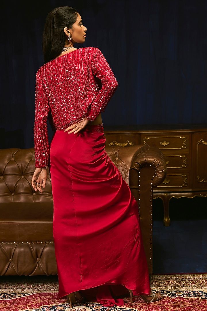 Crimson Red Pure Satin Sequins Embroidered Draped Skirt Set by Mani Bhatia at Pernia's Pop Up Shop