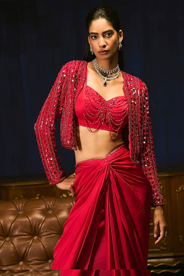Crimson Red Pure Satin Sequins Embroidered Draped Skirt Set by Mani Bhatia at Pernia's Pop Up Shop