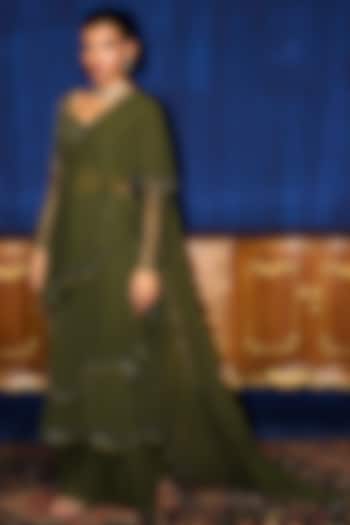 Olive Green Georgette Draped Wedding Saree Set by Mani Bhatia at Pernia's Pop Up Shop