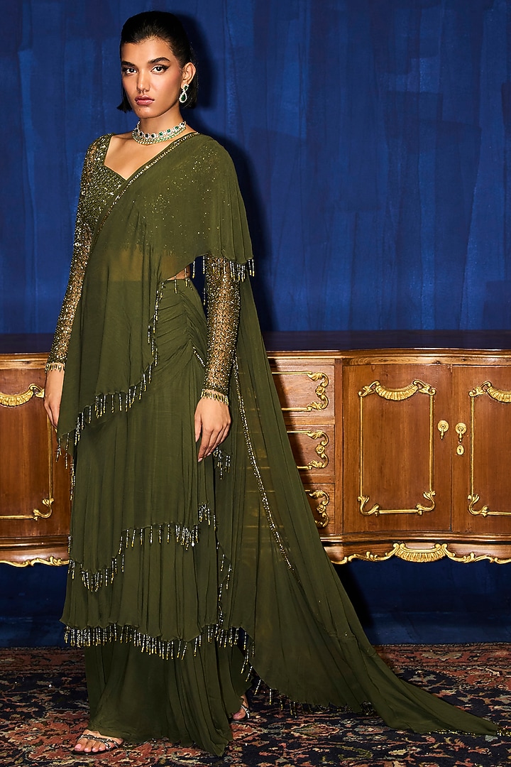 Olive Green Georgette Draped Wedding Saree Set by Mani Bhatia at Pernia's Pop Up Shop