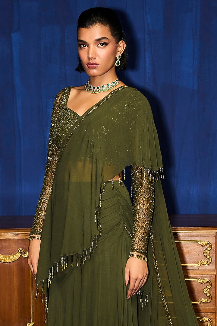 Olive Green Georgette Draped Wedding Saree Set by Mani Bhatia at Pernia's Pop Up Shop