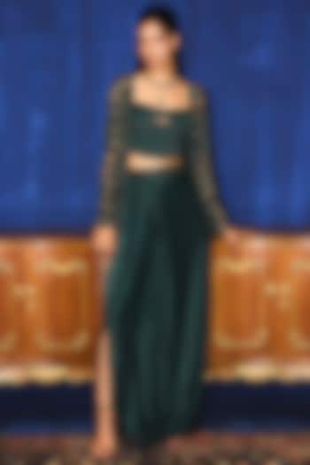 Emerald Green Pure Satin Sequins Embroidered Draped Skirt Set by Mani Bhatia at Pernia's Pop Up Shop
