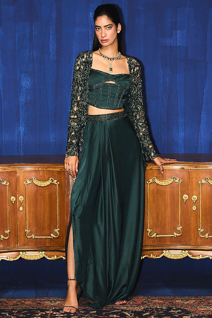 Emerald Green Pure Satin Sequins Embroidered Draped Skirt Set by Mani Bhatia at Pernia's Pop Up Shop