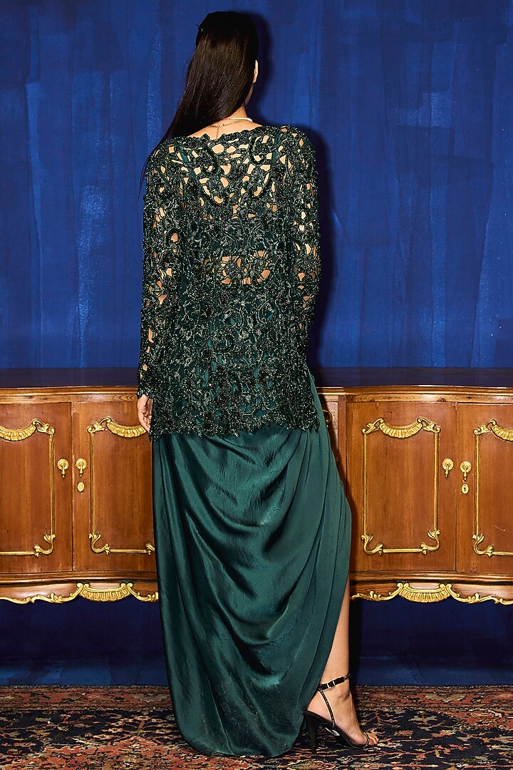 Emerald Green Pure Satin Sequins Embroidered Draped Skirt Set by Mani Bhatia at Pernia's Pop Up Shop