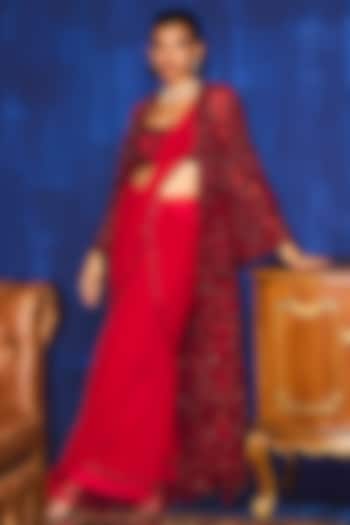 Red Organza Beads Embroidered Ruffled Draped Jacket Reception Saree Set by Mani Bhatia at Pernia's Pop Up Shop