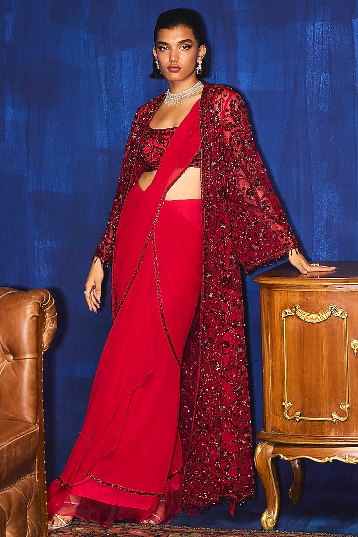 Red Organza Beads Embroidered Ruffled Draped Jacket Reception Saree Set by Mani Bhatia at Pernia's Pop Up Shop