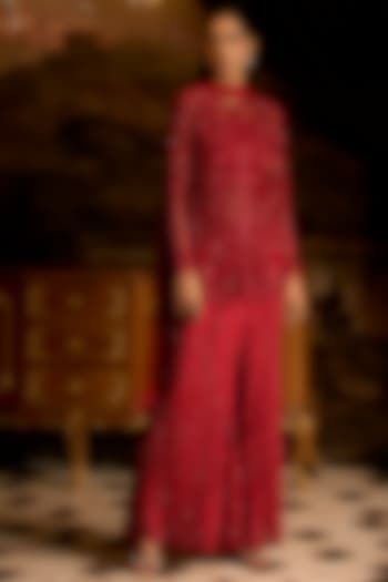 Ruby Red Net Sequins Embroidered Bridal Sharara Set by Mani Bhatia at Pernia's Pop Up Shop