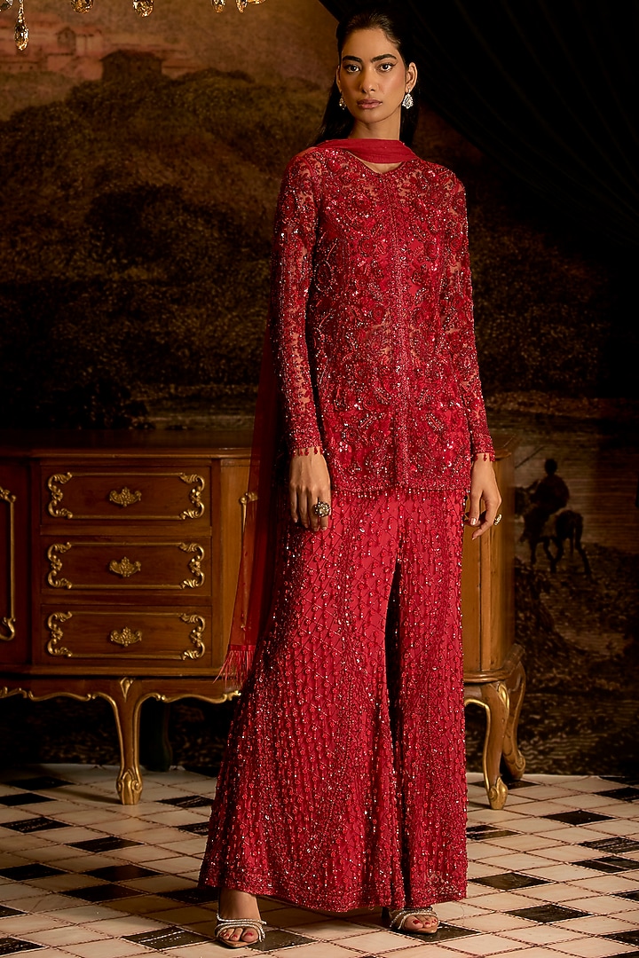 Ruby Red Net Sequins Embroidered Bridal Sharara Set by Mani Bhatia at Pernia's Pop Up Shop