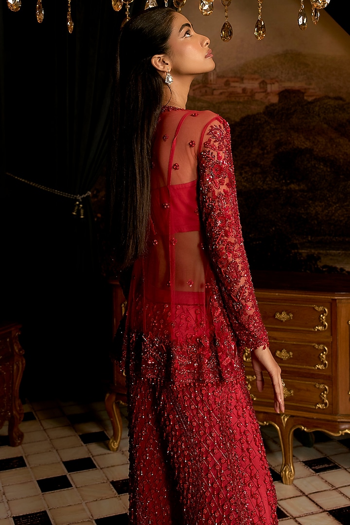 Ruby Red Net Sequins Embroidered Bridal Sharara Set by Mani Bhatia at Pernia's Pop Up Shop