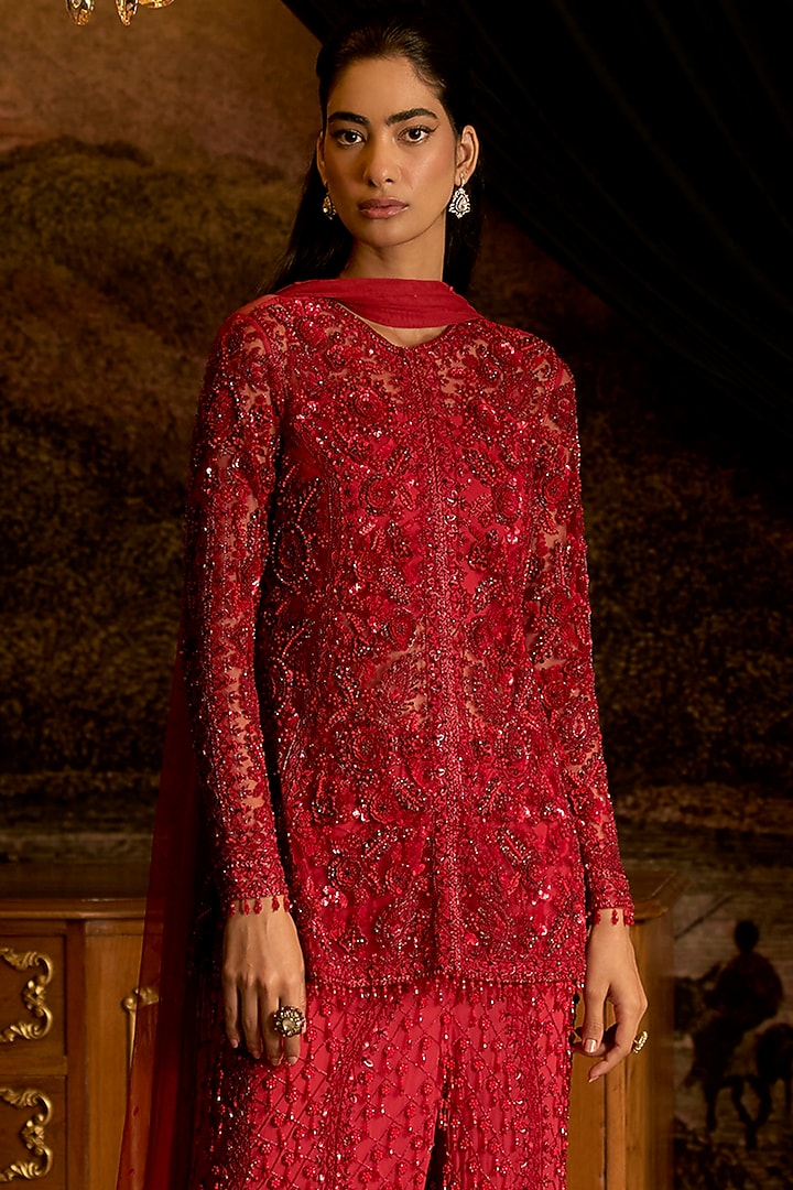 Ruby Red Net Sequins Embroidered Bridal Sharara Set by Mani Bhatia at Pernia's Pop Up Shop