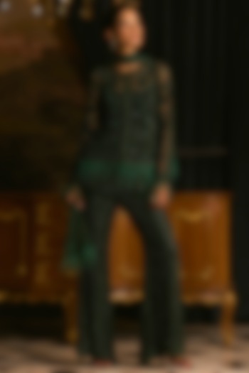 Emerald Green Chiffon Pearl Embroidered Bridal Sharara Set by Mani Bhatia at Pernia's Pop Up Shop