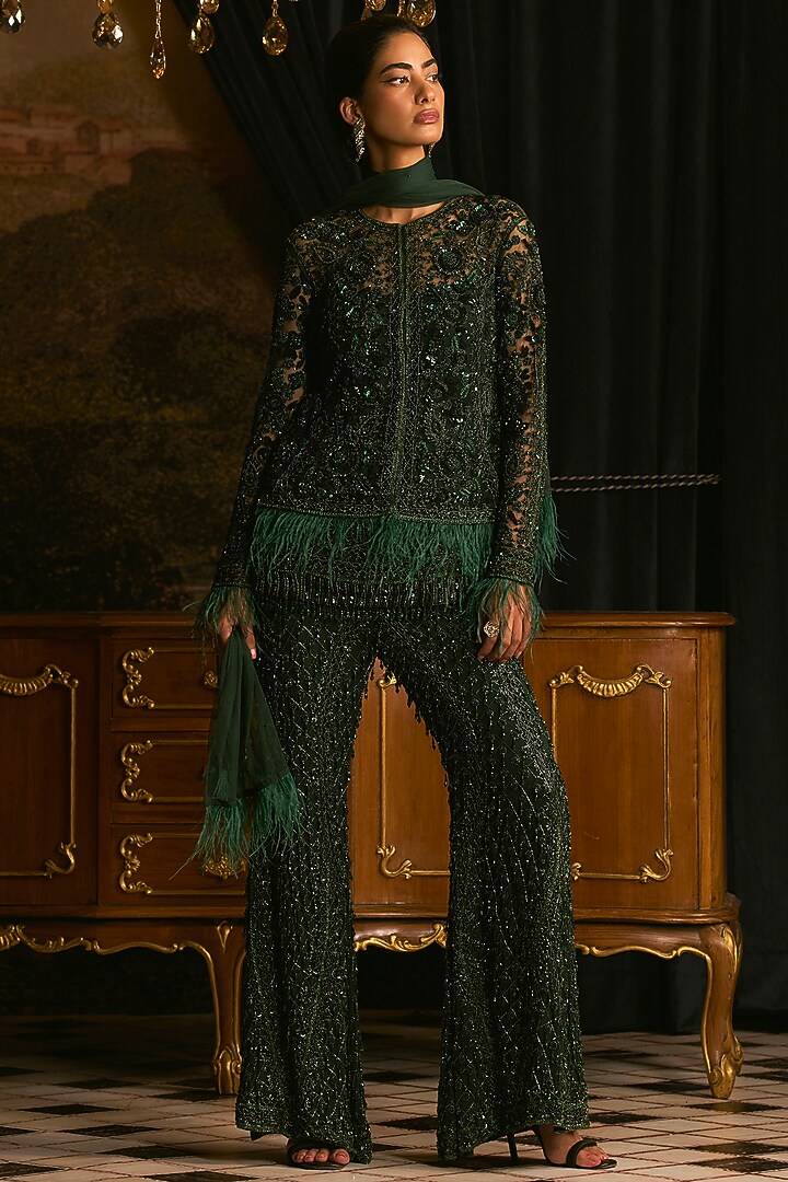 Emerald Green Chiffon Pearl Embroidered Bridal Sharara Set by Mani Bhatia at Pernia's Pop Up Shop
