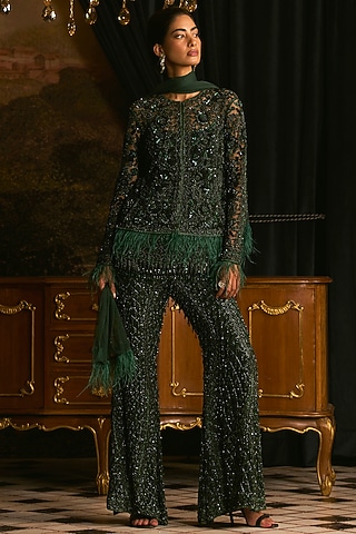 Emerald Green Chiffon Pearl Embroidered Sharara Set by Mani Bhatia