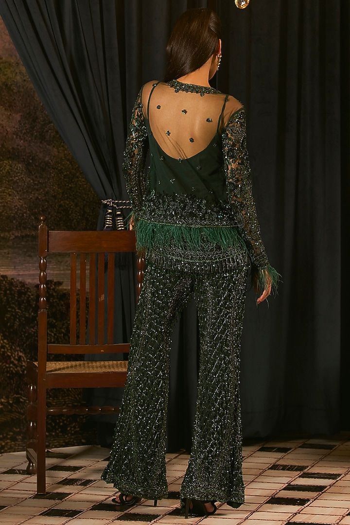 Emerald Green Chiffon Pearl Embroidered Bridal Sharara Set by Mani Bhatia at Pernia's Pop Up Shop