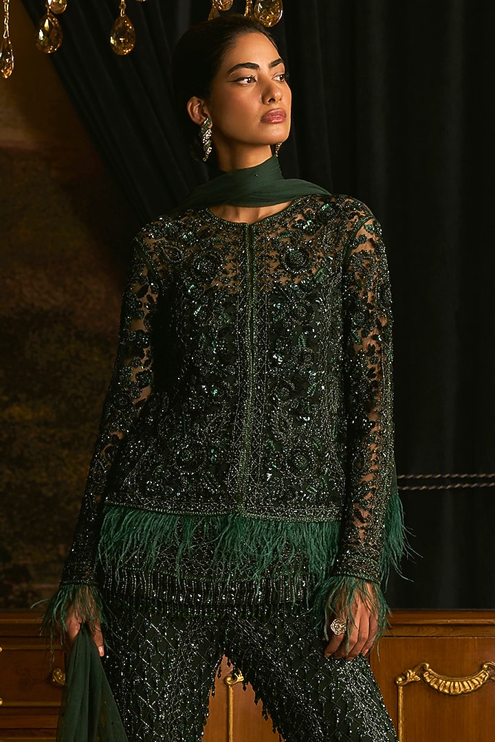 Emerald Green Chiffon Pearl Embroidered Bridal Sharara Set by Mani Bhatia at Pernia's Pop Up Shop