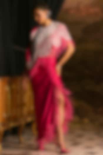 Fuchsia Pink Pure Satin Draped Skirt Set by Mani Bhatia at Pernia's Pop Up Shop