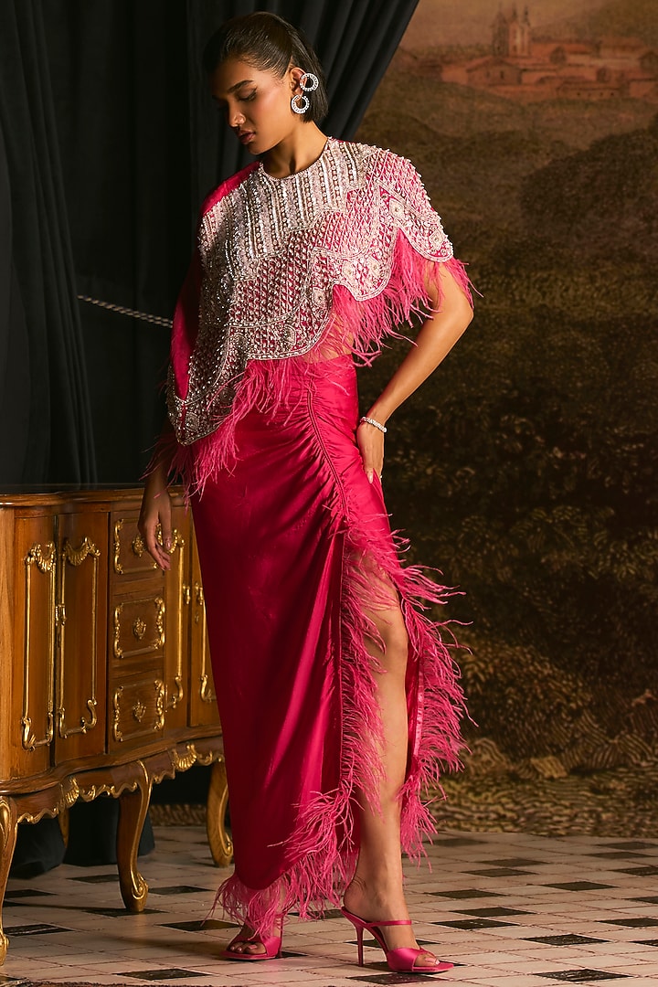 Fuchsia Pink Pure Satin Draped Skirt Set by Mani Bhatia at Pernia's Pop Up Shop