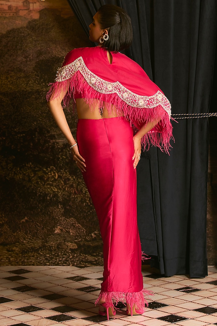 Fuchsia Pink Pure Satin Draped Skirt Set by Mani Bhatia at Pernia's Pop Up Shop
